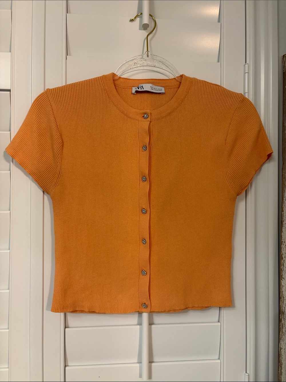Zara Sweet Peach Orange Cropped Short Sleeve Ribbed Button Top Cardigan Sweater